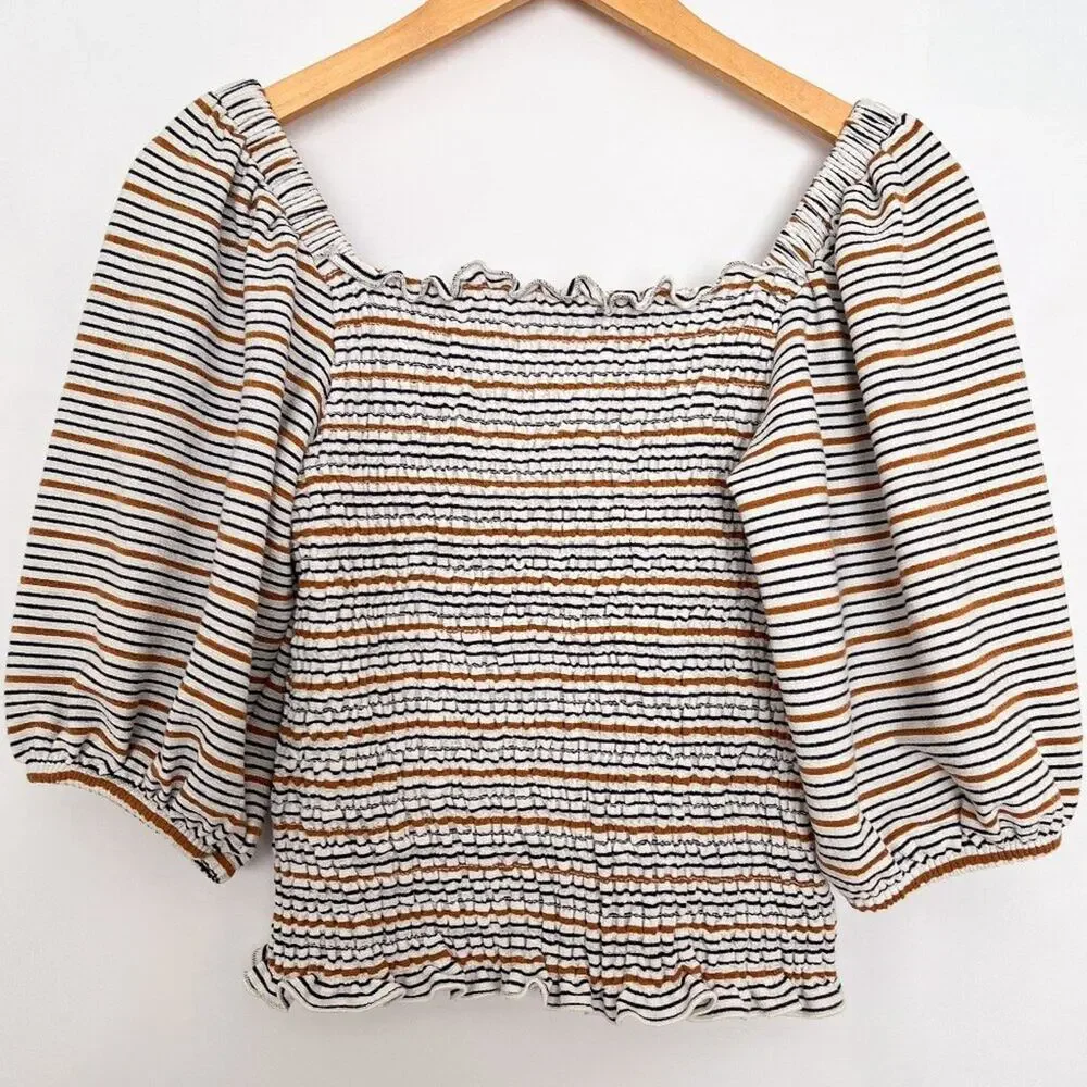 Loft Smocked Top Square Neck Puff Short Sleeves Ruffle Trim Size XS White Multi